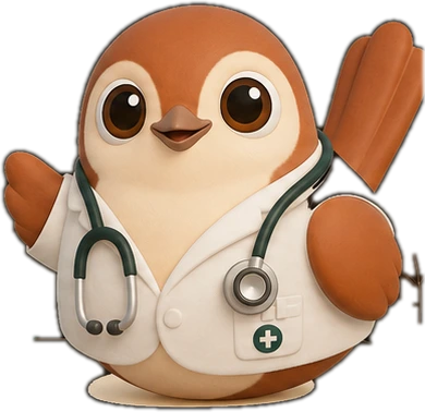 Wren in a white coat with a stethoscope.