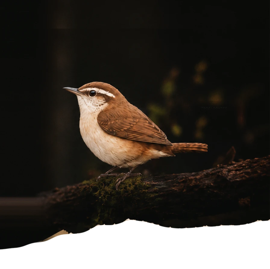 A Carolina wren on a mossy branch, in low evening light.